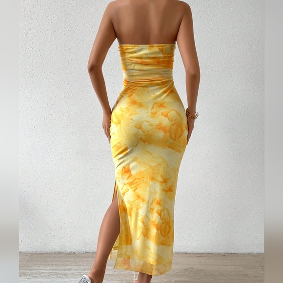 Tie Dye Strapless Dress With Side Slit Hem - Picture 4 of 4